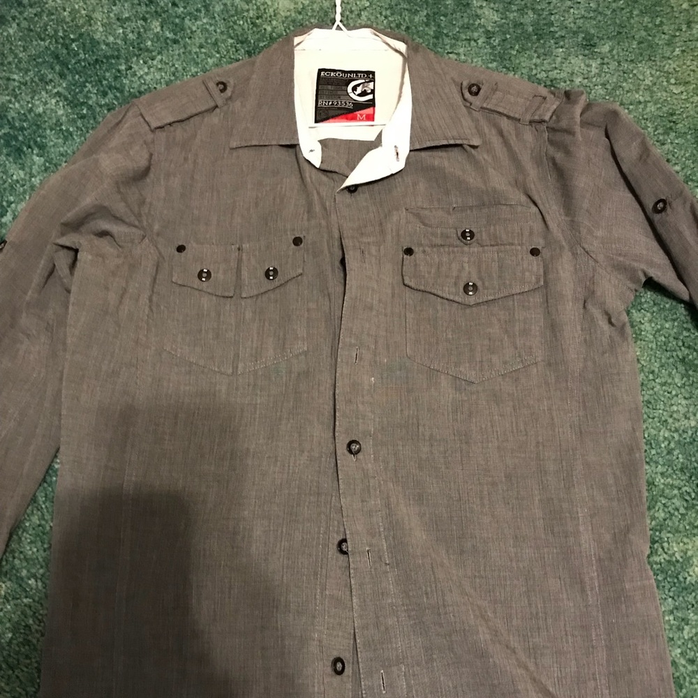 Ecko Unltd. + Mens Long Sleeve Gray Button Shirt